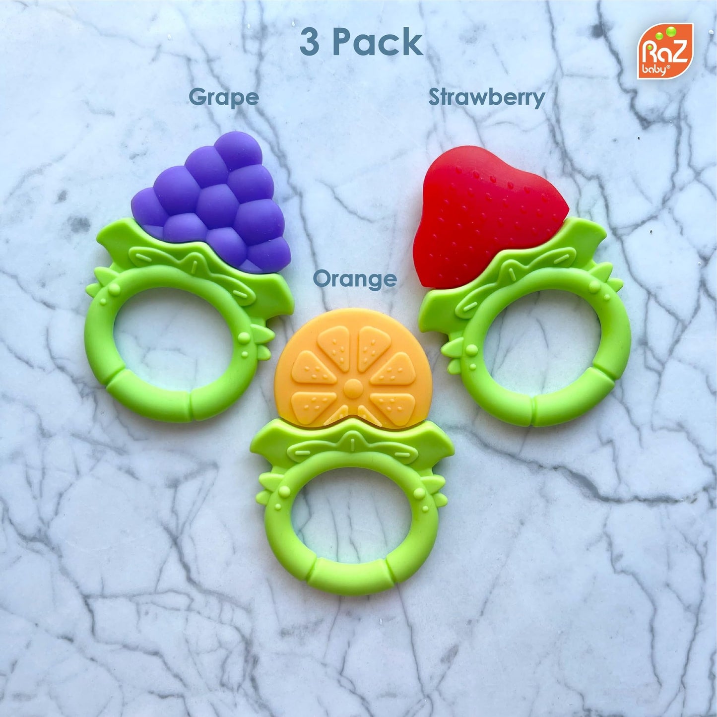 RaZbaby Fruitique Infant & Baby Massager & Teether Toy 3-Pack, Fruit-Shaped Multi-Texture Teethers Soothe Sore Gums, Non-Toxic BPA-Free Food-Grade Silicone, Hands-Free & Easy to Hold, 3M+