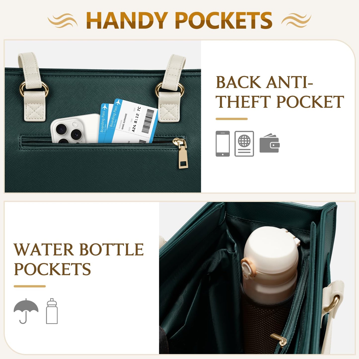 RAINSMORE Laptop Bag for Women 15.6 Inch Work Tote Bags Leather Laptop Tote Waterproof Computer Bag Professional Office Briefcase Large Handbag for College Teacher Travel, Beige and Green