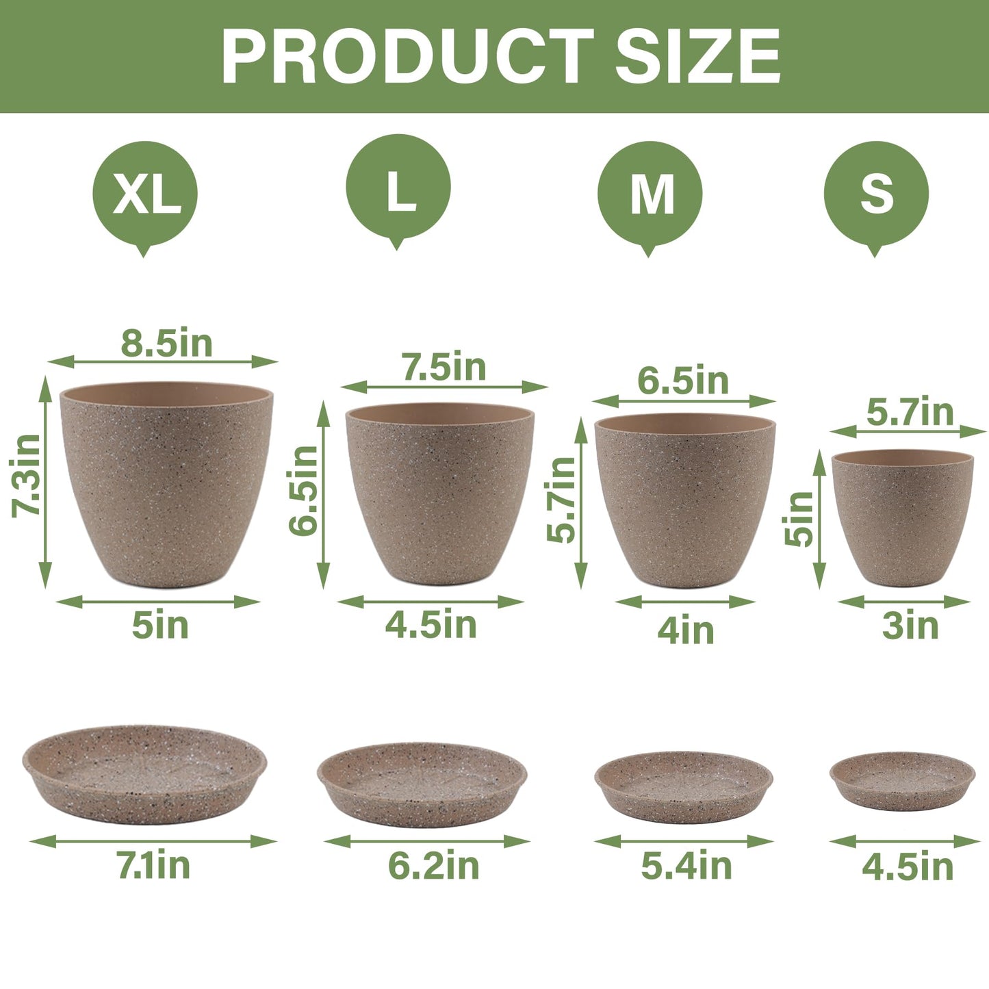 KPUVX Plant Pots- 8.5/7.5/6.5/6 Inches 4 Pack Plastic Planters,Indoor Decor Flower Pots with Drainage Holes and Tray,Home Decor Flower pots for Indoor Plants Cactus, Succulents