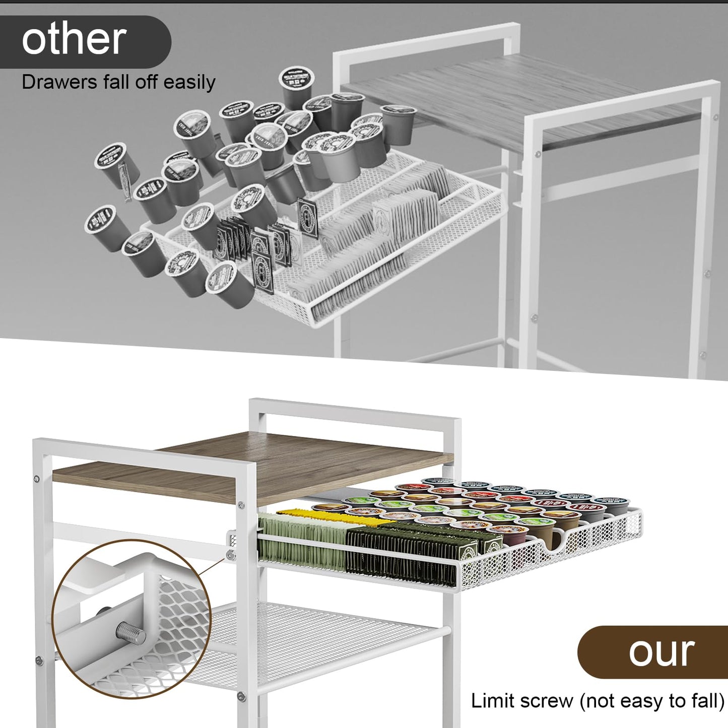 Coffee Bar Cabinet with Storage，5 Tier Coffee Station Table on Wheels, 33.6" H Cart with Drawer for Home Kitchen, Liquor Buffet Sideboard Cabinet (Modern White)