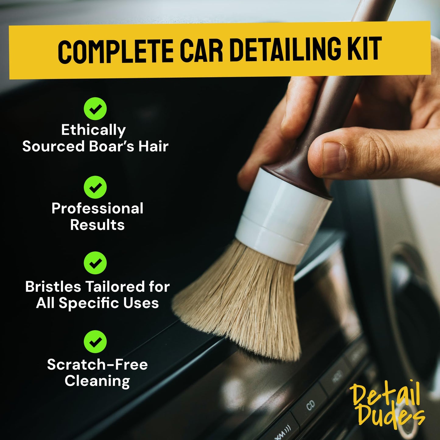 Detail Dudes Soft Boars Hair Car Detailing Brush Set for Washing (3 Pack) - Car Detailing Kit - Automotive Cleaning Brush