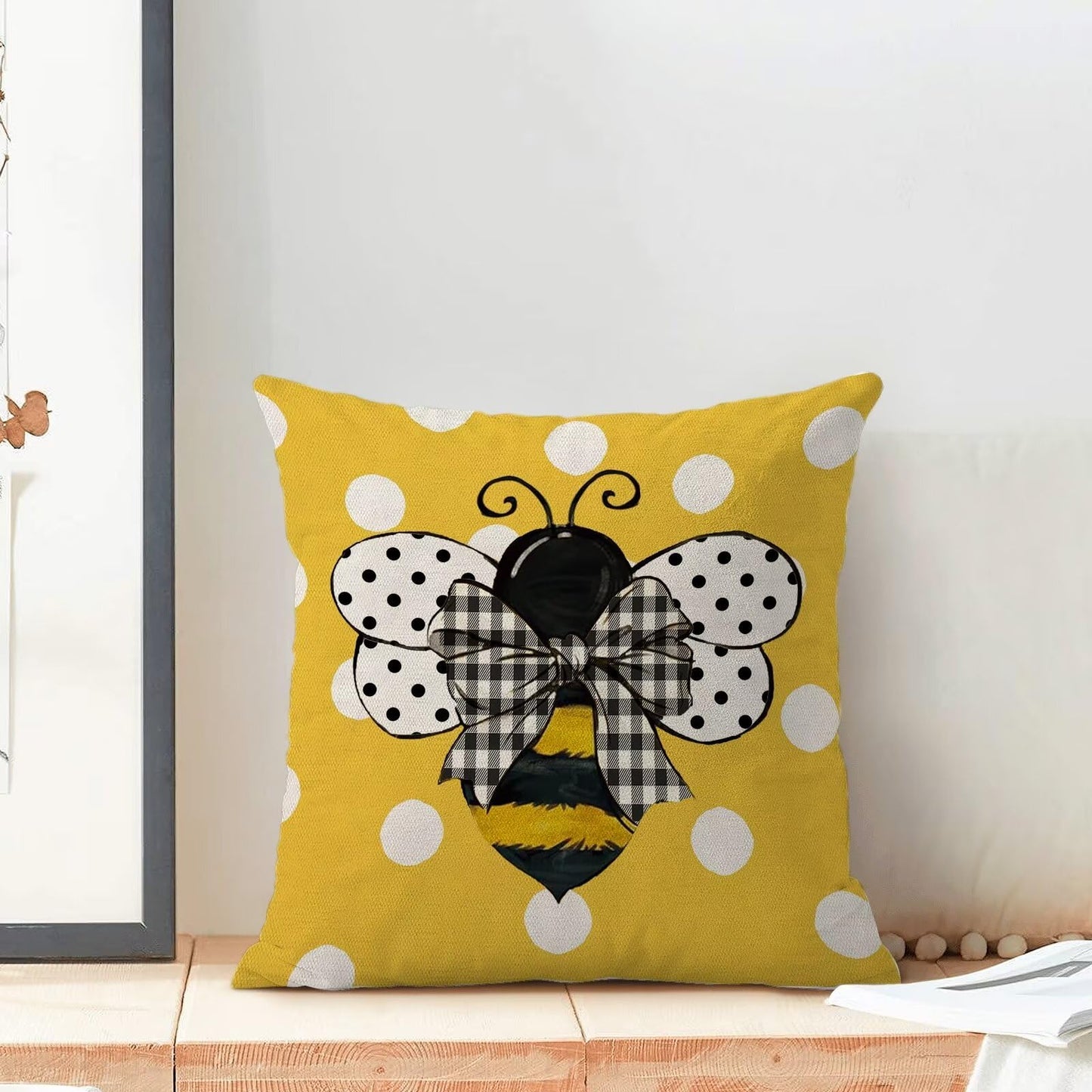 Yellow Bee Pillow Covers 20x20 Set of 2 Polka Dots Outdoor Decorative Throw Pillow Covers Summer Farmhouse Seasonal Linen Cushion Case for Home Sofa Couch Outdoor Decor