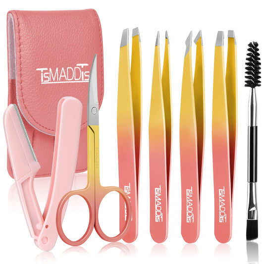 TsMADDTs 7PCS Tweezers Set for Women Facial Hair, Precision Tweezer for Eyebrows with Curved Scissor and Eyebrow Razor for Ingrown Hair, Pink&Yellow