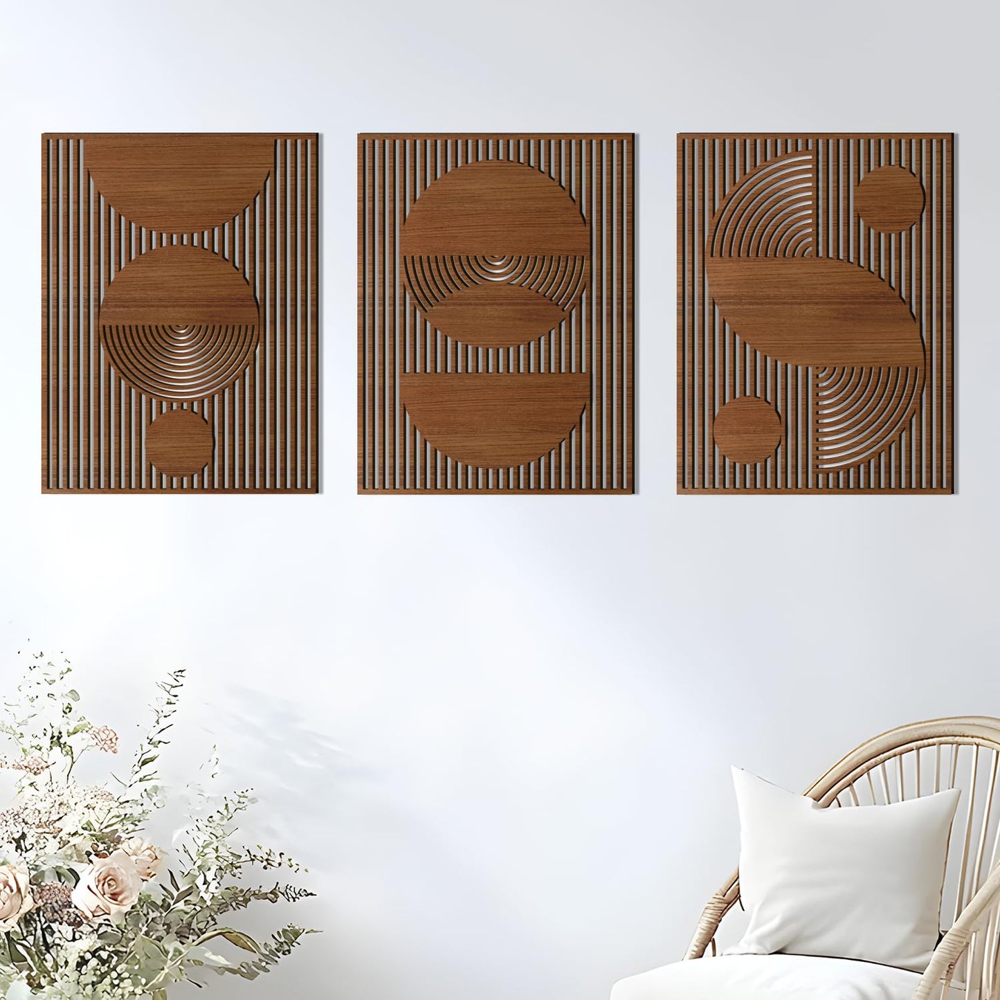 3 Pcs Abstract Wood Wall Art, Mid Century Modern Geometric Wood Wall Decor Minimalist Wooden Wall Art Decor Panels for Boho Living Room Bedroom Kitchen Dining Room Office Home Wall Decor