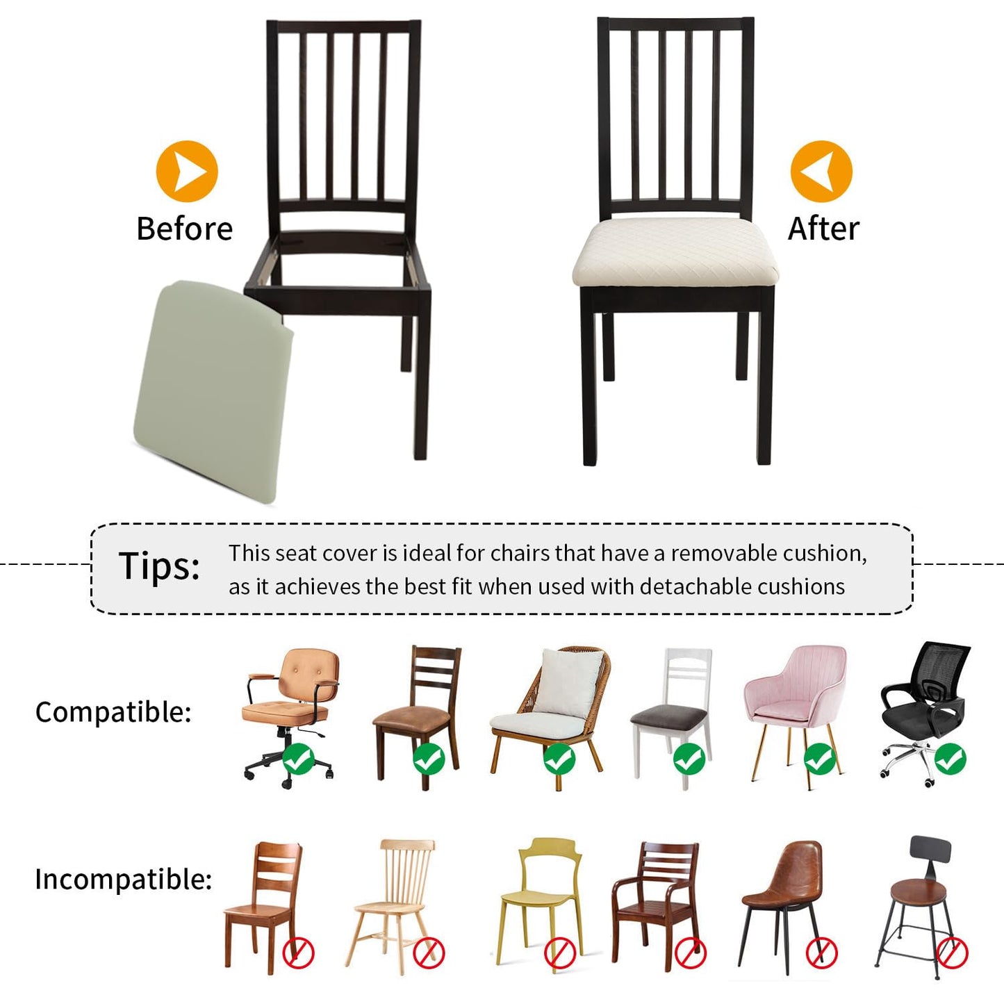 Fuloon Waterproof Seat Cushion Covers 6 PCS, Stretch Jacquard Chair Seat Covers Washable Dining Room Chair Slipcovers Removable Kitchen Cushion Protector (6, Waterproof-Beige)