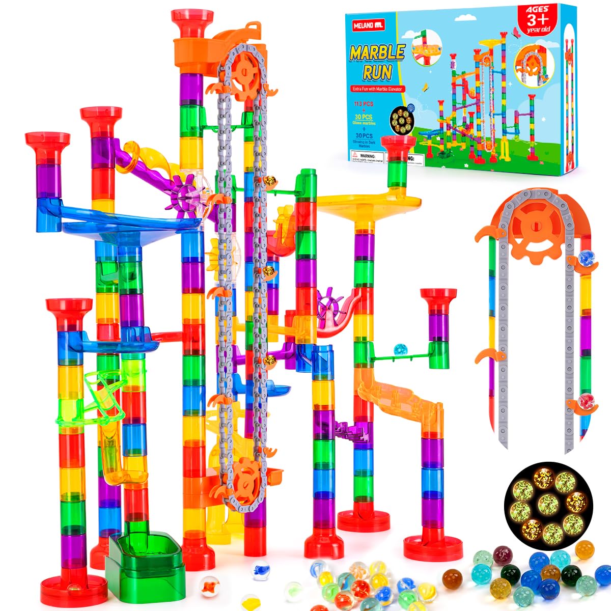 Meland Marble Run - 132Pcs Marble Maze Game Building Toy for Kid, Marble Track Race Set & STEM Learning Toys for Boy Girl Age 3 4 5 6 7 8 9+ (102 Translucent Marbulous Pcs & 30 Glass Marbles)