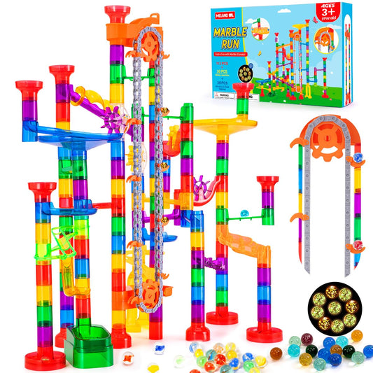 Meland Marble Run - 132Pcs Marble Maze Game Building Toy for Kid, Marble Track Race Set & STEM Learning Toys for Boy Girl Age 3 4 5 6 7 8 9+ (102 Translucent Marbulous Pcs & 30 Glass Marbles)