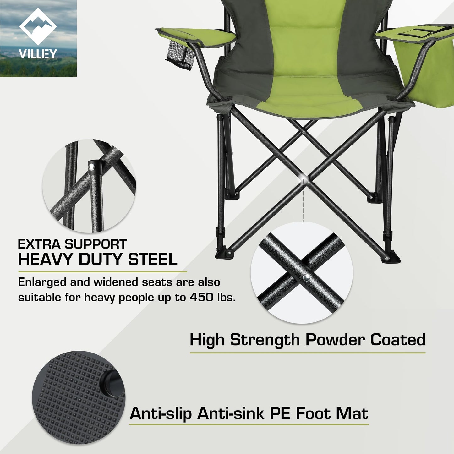 VILLEY Camping Chair, Oversized Folding Camp Chair, Portable Outdoor Chairs Support 400 LBS with Padded Seats, Cooler Bag, Cup Holder, Carry Bag, Green