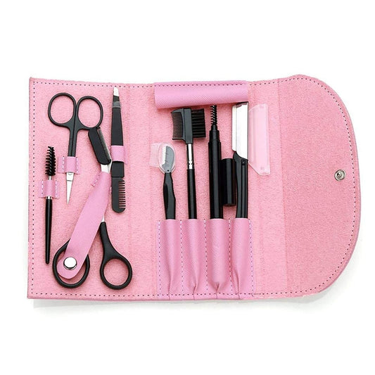 8PCS/SET Eyebrow Shaping Kit - Scissors, Pencil, Brush Trimmer, Beauty Tools Set With Leather Bag (Pink)