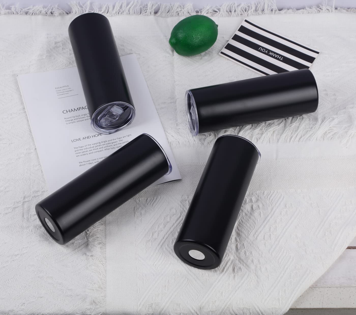 Wzaytia 20 Oz Stainless Steel Straight Skinny Tumbler Set (8 Pack), Insulated Slim Thin Travel Cup with Lid, Black