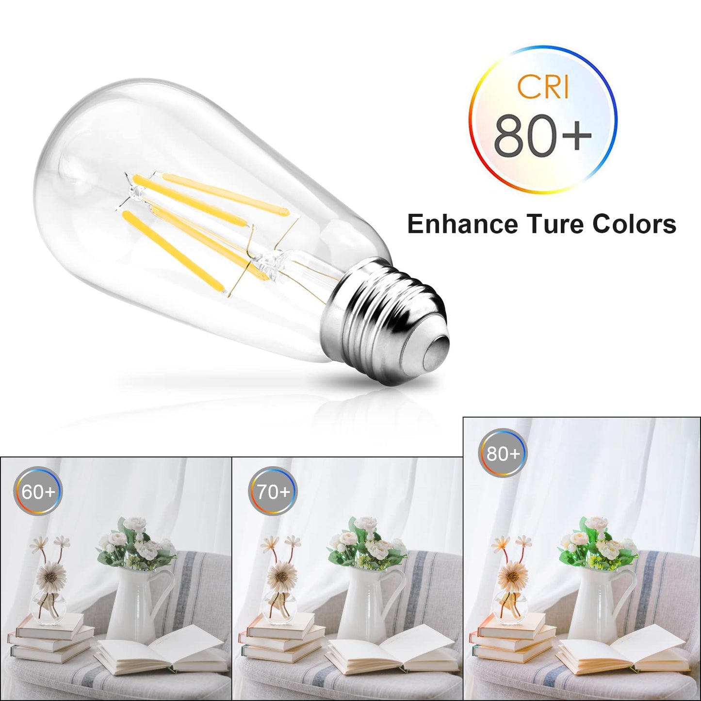Ascher Vintage LED Edison Bulbs, 6W, Equivalent 60W, Non-Dimmable, High Brightness Cool White 4000K, ST58 Antique LED Filament Bulbs with 80+ CRI, E26 Medium Base, Clear Glass, Pack of 6