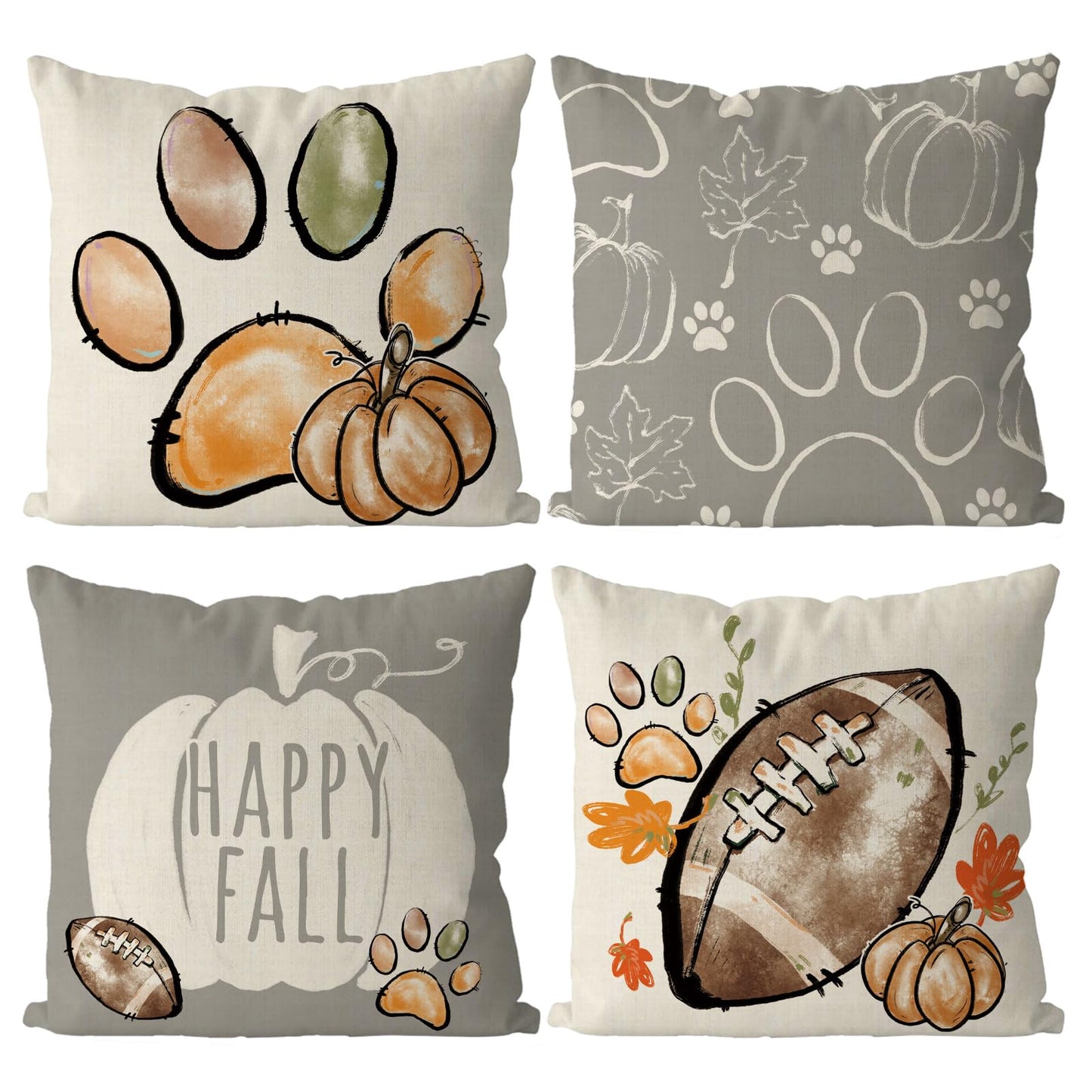 QIONG MENG Fall Pillow Covers 18x18 Inch Set of 4 Football Dog Paws Throw Pillow Covers Pumpkins Autumn Harvest Pillowcase Farmhouse Home Decorations Sofa Bedroom Cushion Case