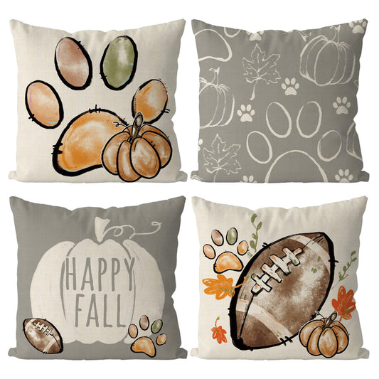 QIONG MENG Fall Pillow Covers 18x18 Inch Set of 4 Football Dog Paws Throw Pillow Covers Pumpkins Autumn Harvest Pillowcase Farmhouse Home Decorations Sofa Bedroom Cushion Case