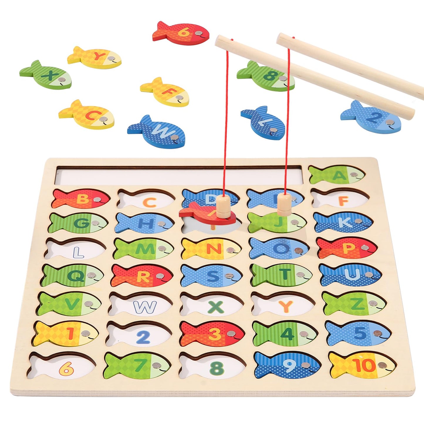 Wooden Magnetic Fishing Game for Toddlers, Montessori Fine Motor Skills Toy with Letters and Numbers, Preschool Learning ABC and Puzzle Educational Toys Gift for 3 4 5+ Year Old Kids(2 Poles)