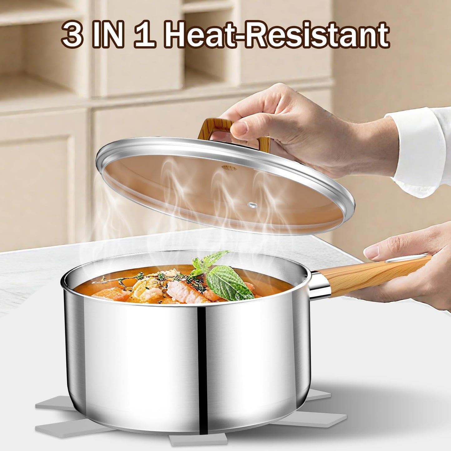 Stainless Steel Pots and Pans Set, 13 Pcs Cookware Set, RV Kitchen Cooking Set w/Non Stick Frying Pans & Saucepans & Lids & Stay-cool Wooden Handle, Induction Oven Dishwasher Safe, Non Toxic