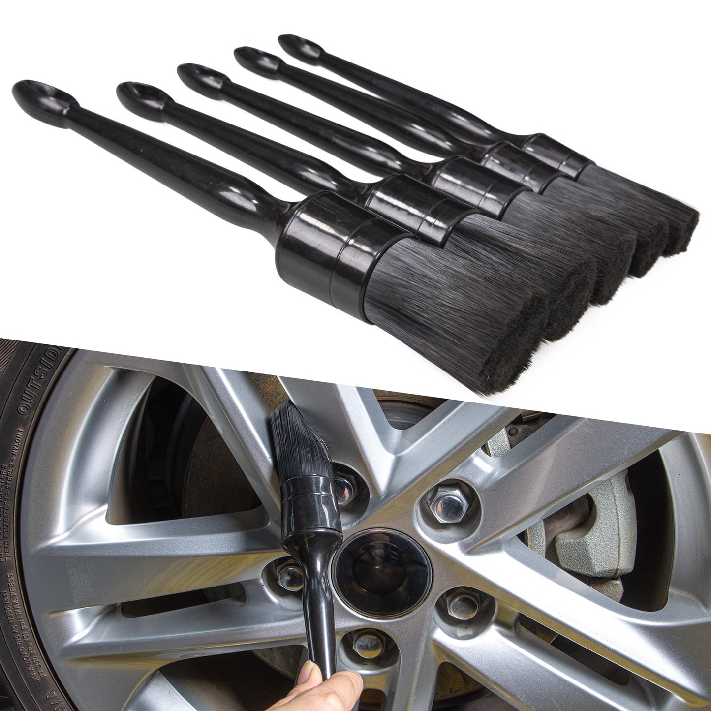 Car Detailing Brush Set, 5 Pack Auto Black Detail Brushes, Comfortable Grip and Scratch-Free Cleaning Brush for Car Interior or Exterior, Wheels, Tires, Engine Bay, Leather Seats, Door Panels, Emblems