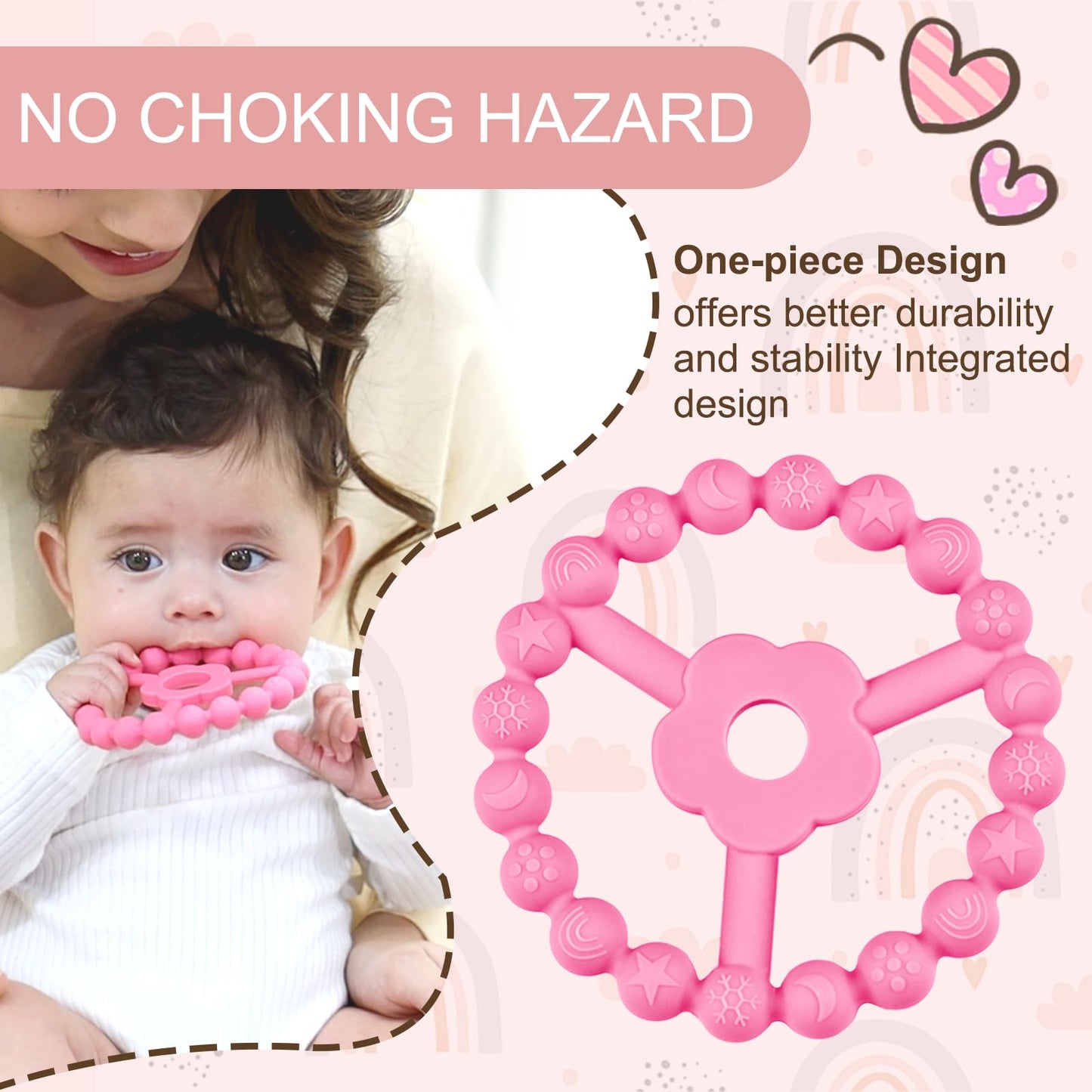 duludulu 4 Pack Silicone Baby Teething Toys, Teething Rings for Babies 0-6 6-12 Months Newborn Baby Teethers Girl Relief Soothe Baby's Gums Infant Toys Gifts Baby Girls Boys Sweet Pink