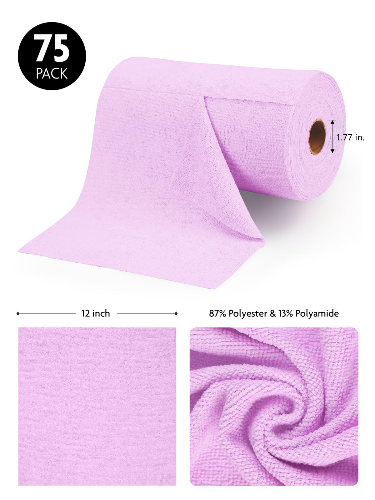 Fantasticlean Microfiber Cleaning Cloth Roll -75 Pack, Tear Away Microfiber Towels, 12" x 12", Reusable, Washable, Scratch Free, Ultra Absorbent Dish Rags for Car, Home, Garage or Shop (Purple)