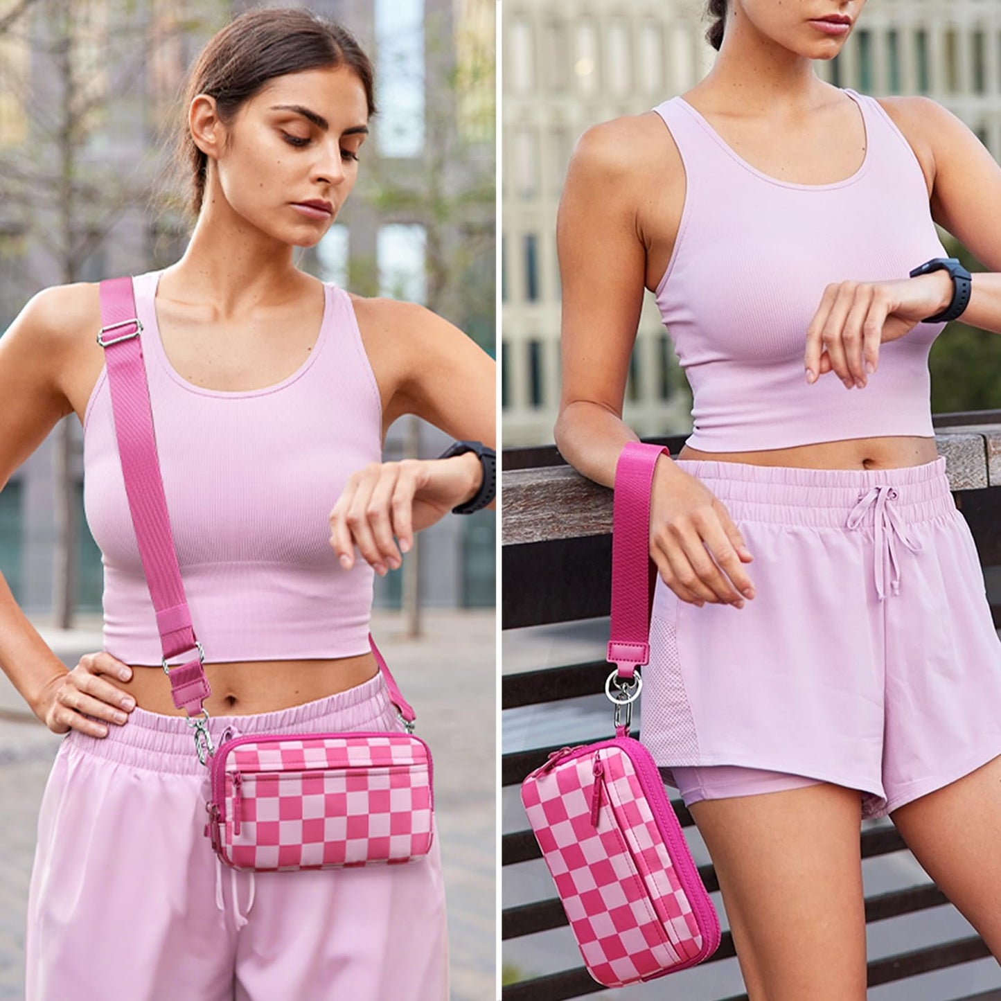 FODOKO Wristlet wallets for women Nylon Quilted Wallet with 4 Zippers,Travel Credit Card,Holder Cell Phone Organizer,coin purse (rose red)