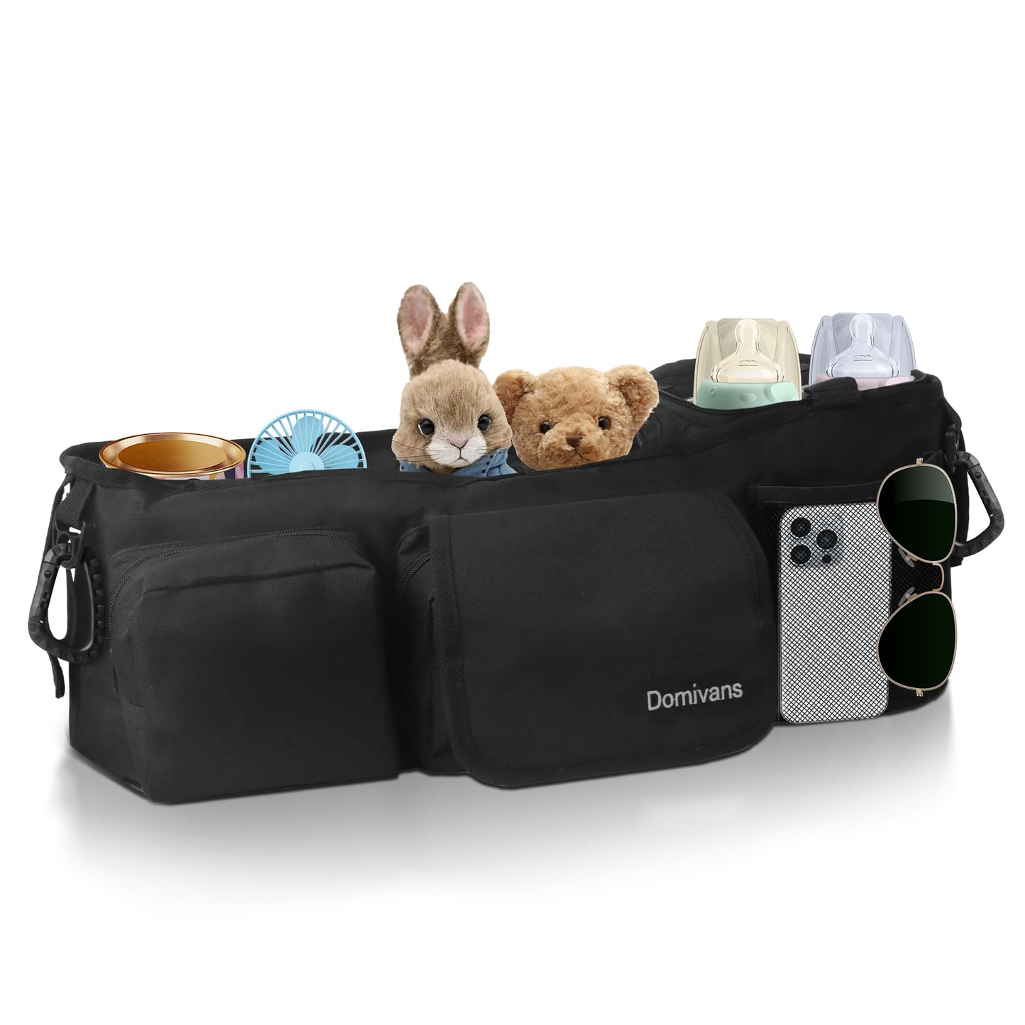 Domivans Double Stroller Organizer,Double Stroller Caddy for Bob Duallie and Baby Jogger City Mini GT2,Extra Large Double Baby Stroller Accessories with Cup Holder,Black(Empty Bag)