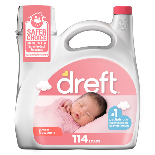 Dreft Stage 1 Newborn Baby Laundry Detergent Liquid, HE Compatible, 114 Loads, Laundry Soap for Sensitive Skin, Baby Laundry Detergent, Newborn Essentials