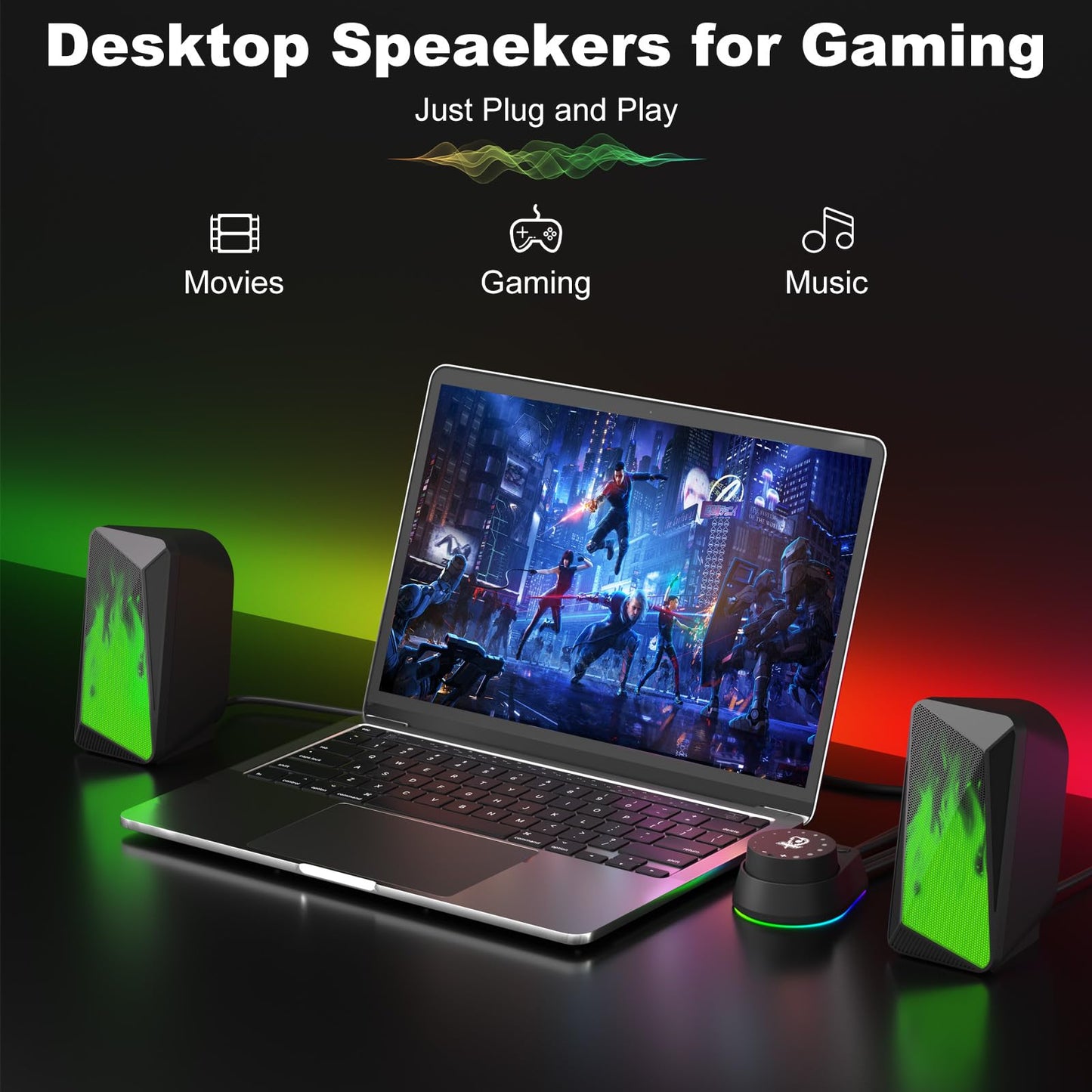 SOULION C30 Bluetooth Computer Speakers, 2.0 PC Speakers for Desktop Monitor, Wired USB Powered & Pulsing & LED Flame Lights, 3.5 mm AUX Speakers for Laptop Gaming with Wired Handy Control