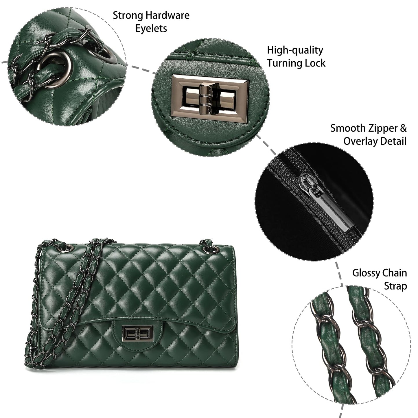 DIUY Quilted Leather Crossbody Bags for Women Trendy Ladies Shoulder Purse Satchel HandBag with Chain Strap, Green