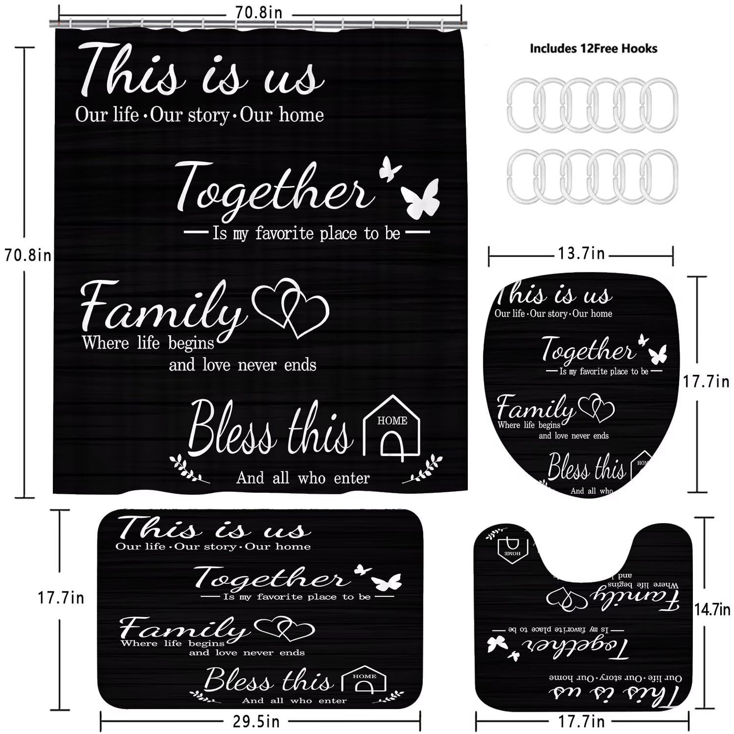 AZHM Family Shower Curtain Set Black Home Bathroom Set with Shower Curtain and Rugs and Accessories Bathroom Decor Curtain with 12 Hooks