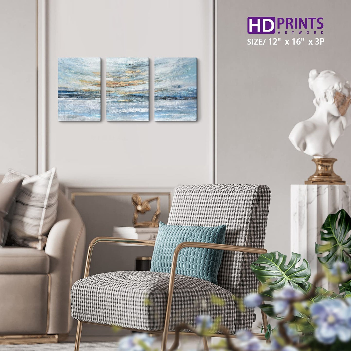 Abstract Canvas Wall Art for Bedroom 3 Piece Ocean Painting Coastal Theme Artwork Blue and Yellow Sunset & Sunrise on the Beach Seascape Picture for Bathroom Living Room Light 12x16inchx3 panel