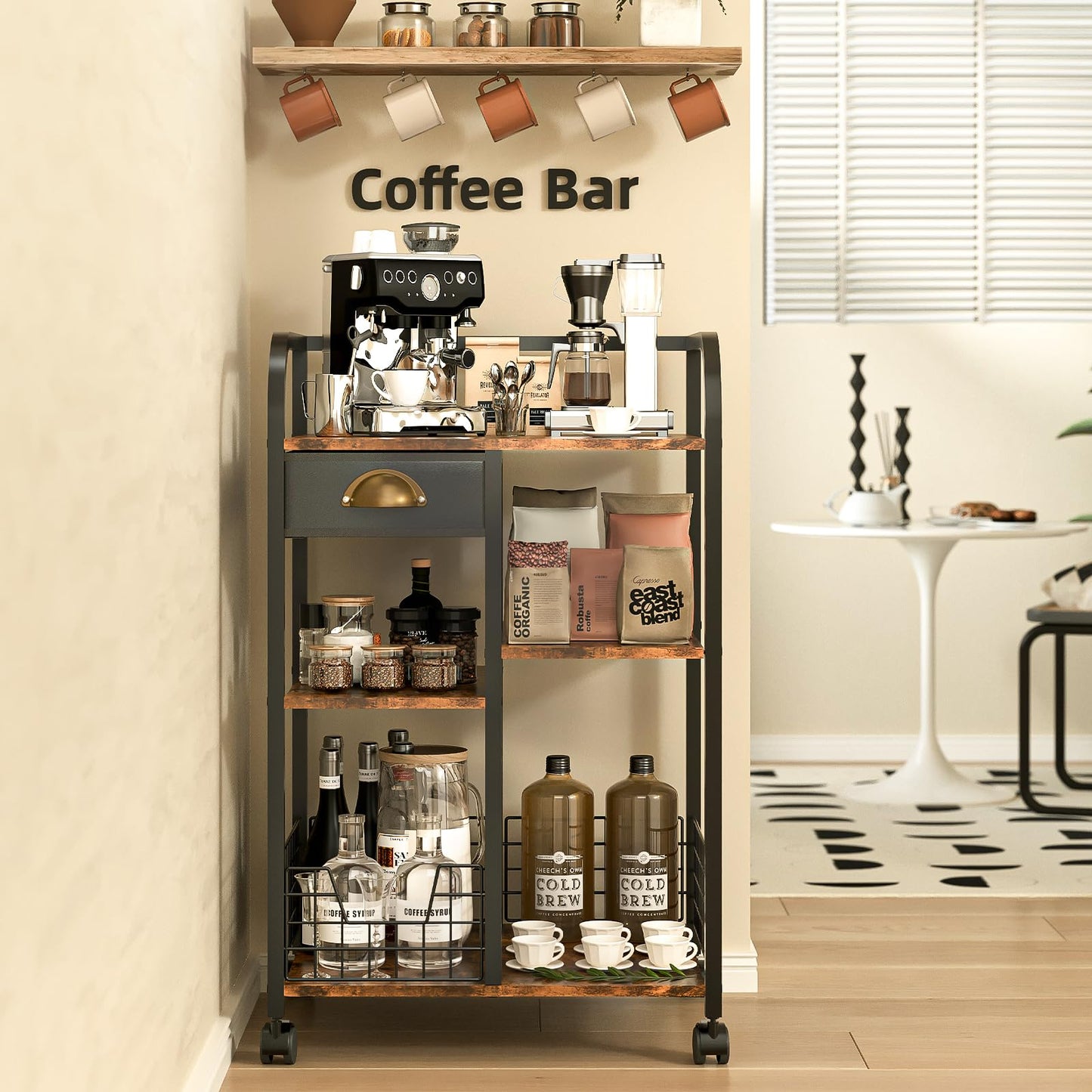 keomaisyto Coffee Cart with Storage Drawer, Coffee Bar Cabinet with Wheels, 4-Tier Adjustable Mobile Coffee Table, Rustic Wood Coffee Bar Station for Kitchen/Entrance/Living Room/Dining Room