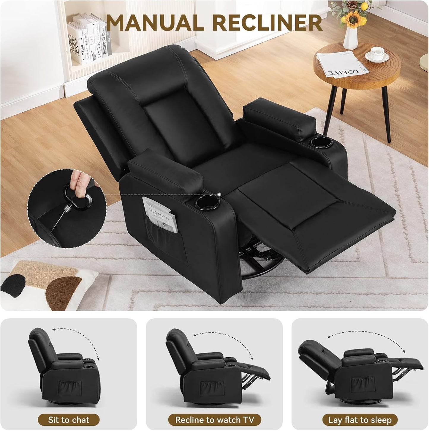 COMHOMA Recliner Chair, Swivel Rocker Recliners, Massage and Heat Reclining Chair, Reclining Sofa with Side Pockets, Cup Holders for Living Room, Bedroom (Black)