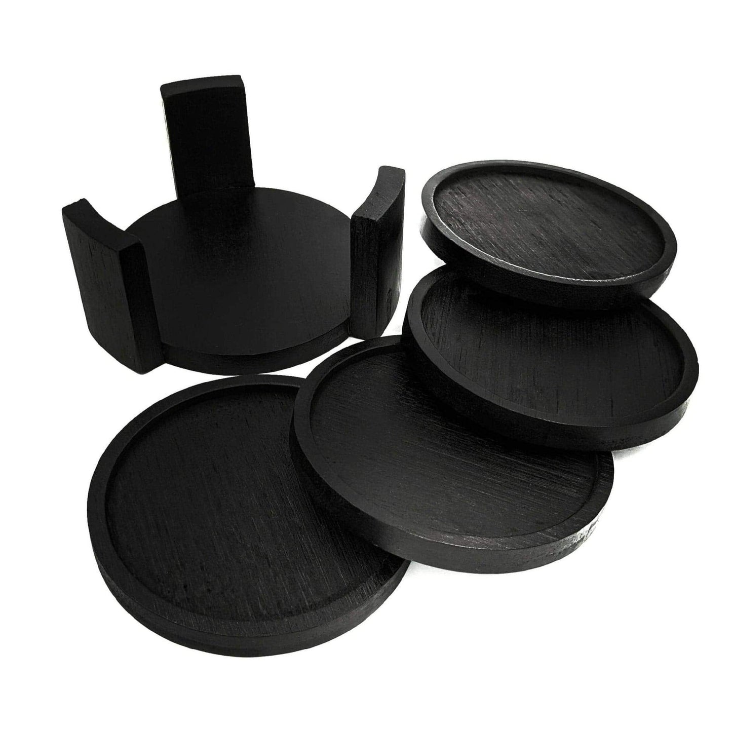 Coaster Set with Holder | Bamboo Wood | Includes 4 Round Coasters and one Holder | Use for Drinks, Beverages, Beer, Coffee! | Barware Kitchen | Housewarming (Black)