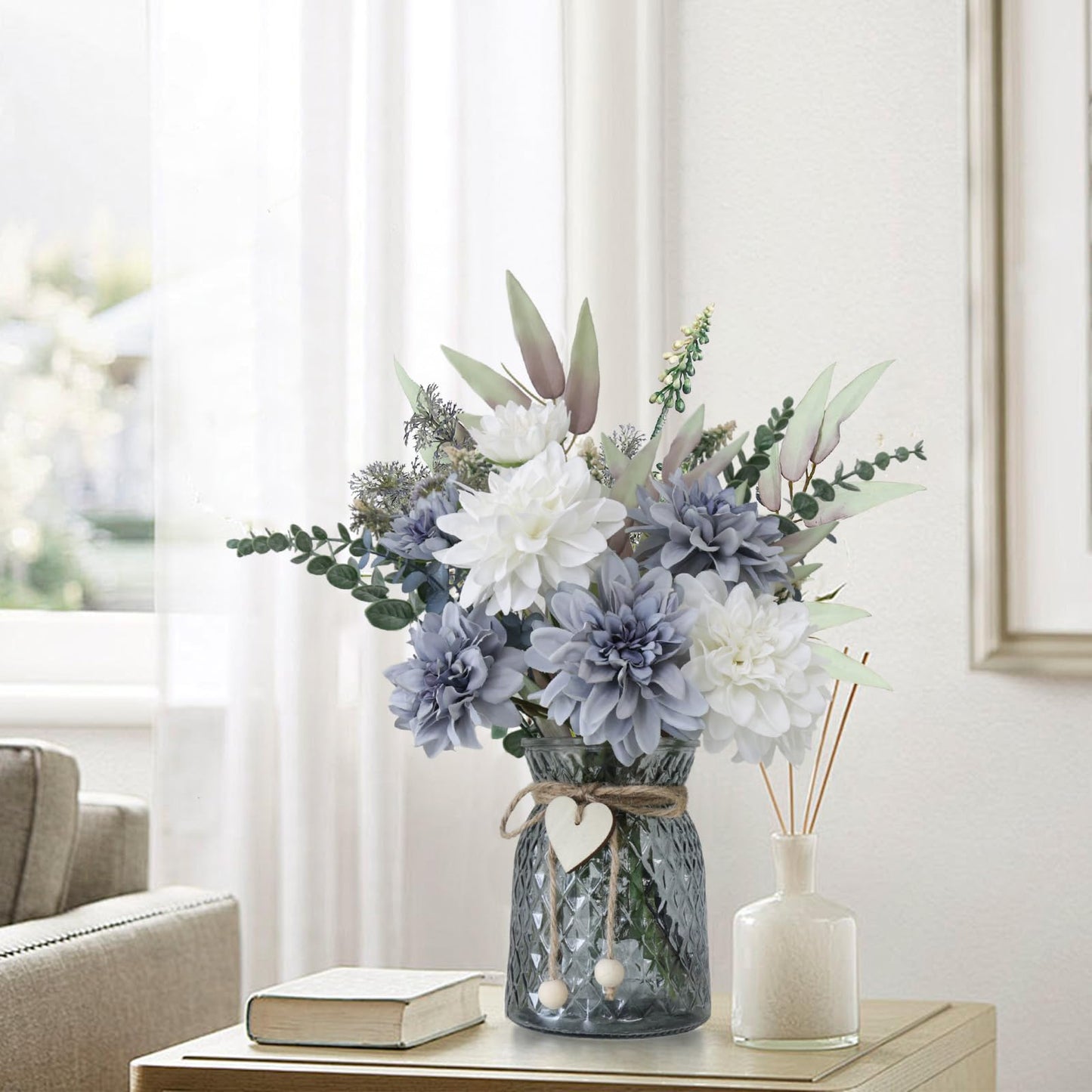 SHINFHOMF Fake Flowers in Vase,8 Dahlias,Silk Artificial Flowers in Vase,Centerpiece Table Decorations,Faux Flowers in Vase with a Flower Arrangement Holder