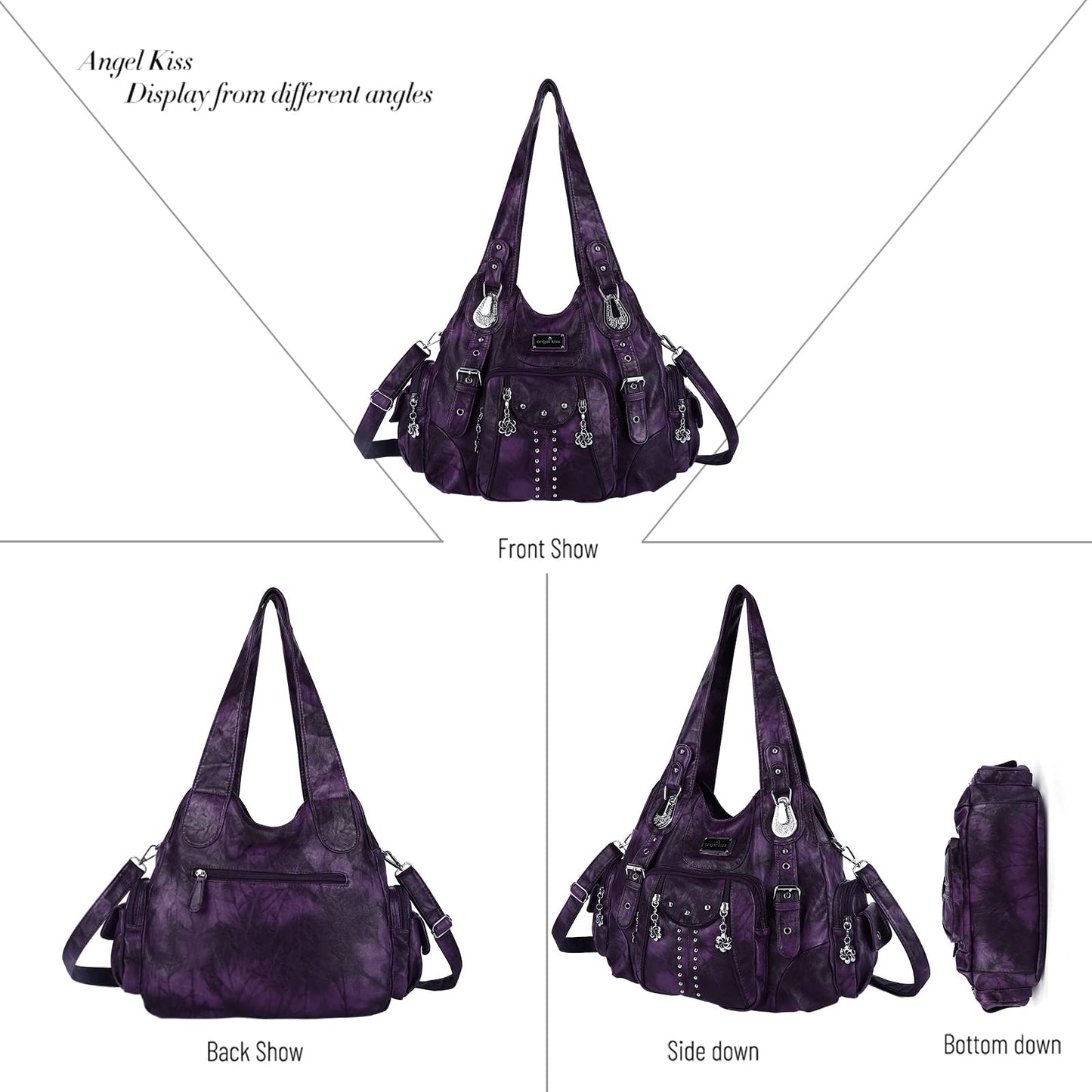 Angel Kiss Women's Soft PU Leather Large Hobo Handbag for Ladies Purse, Purple