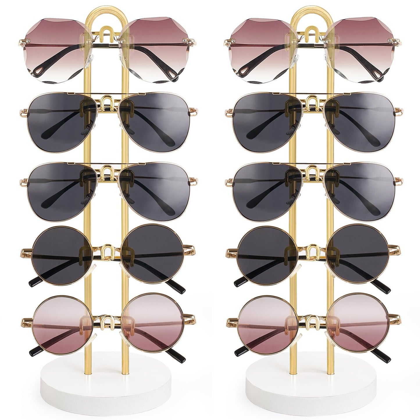 Mkono Sunglasses Organizer Glasses Holder Stand Sunglass Storage Eyeglasses Rack Metal Frame with Wood Base for 5 Pairs of Eyewear Display for Table Desk Countertop Dresser Bedroom, Set of 1, Gold