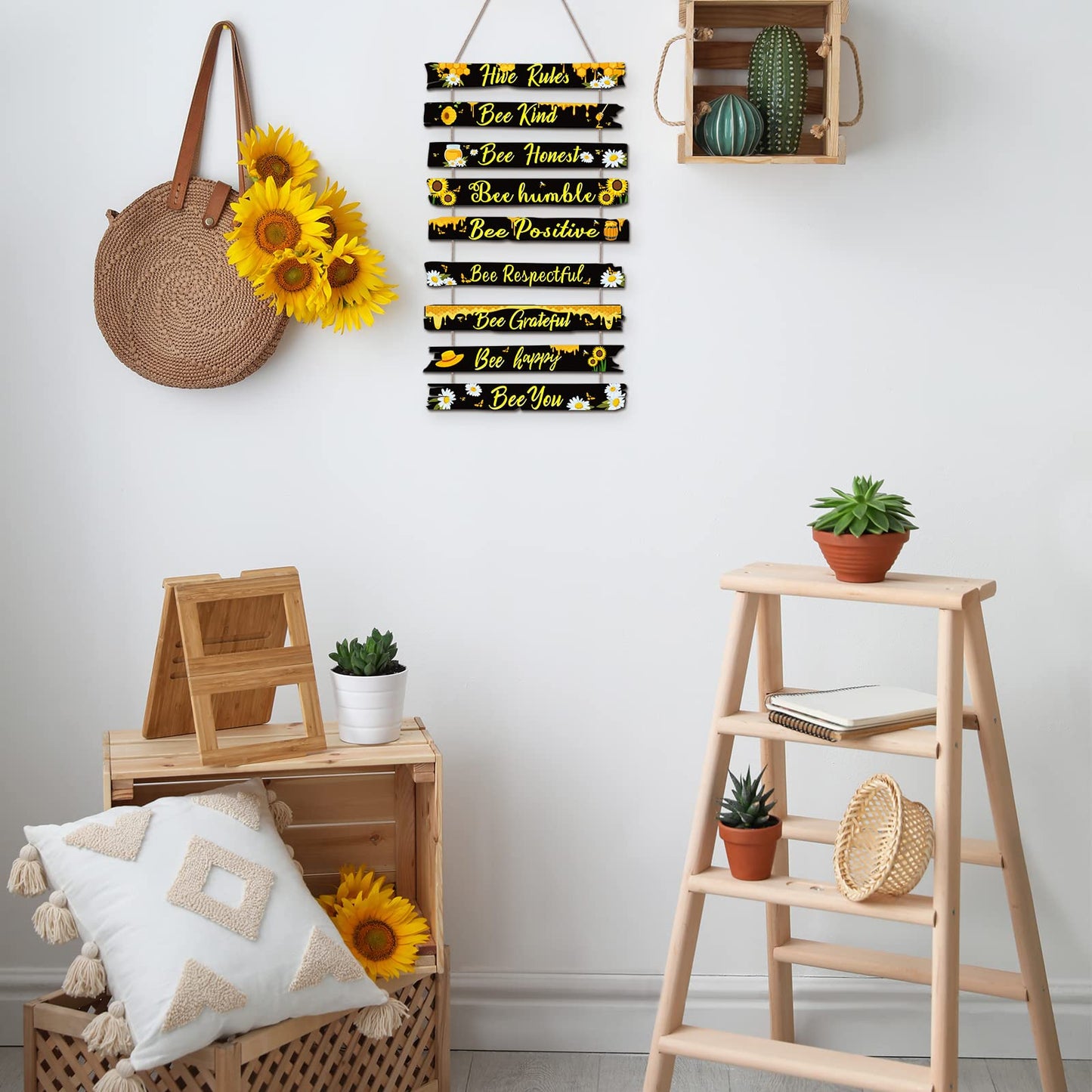 Jetec Bee Decor Plaque Gift Bee Sign Hive Rules Wall Decor Christmas Daisy Ornament for Xmas Home Spring Daisy Sunflower Decorations for Living Room Kitchen(Black)
