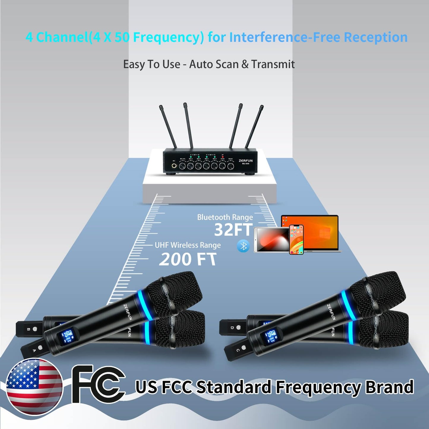 ZERFUN 4 Channel Rechargeable Wireless Microphone System, Pro UHF Metal Handheld Wireless Microphones Cordless Mics with Echo Bluetooth VOL Channel Control for Karaoke Singing Church(MU-898)