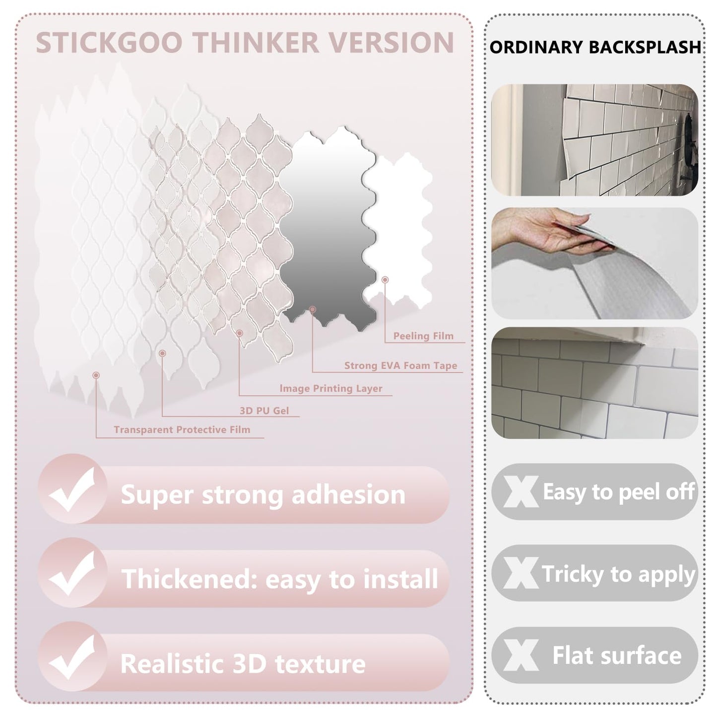 STICKGOO Arabesque Peel and Stick Backsplash, 12”X12” Backsplash Tile for Kitchen Peel and Stick, Self Adhesive Wall Tile Stick on Tiles (Pink Grey)