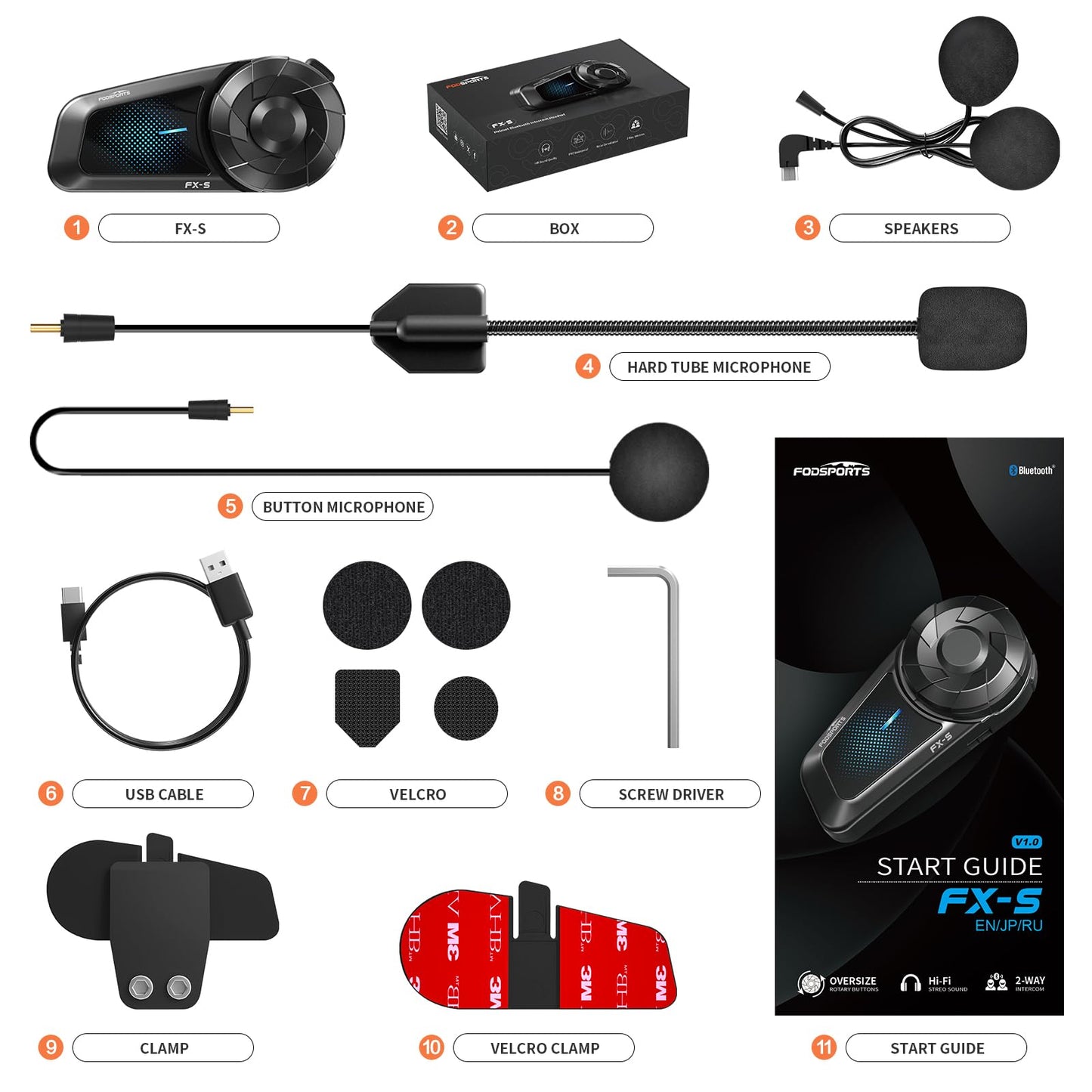 Fodsports FX-S Motorcycle Bluetooth Headset V5.4, 2-Way Helmet Intercom Communication System with IP67 Waterproof, CVC Noise Cancellation, Hands-Free Music/Call, 2 Type Mics, Black, 1 Pack