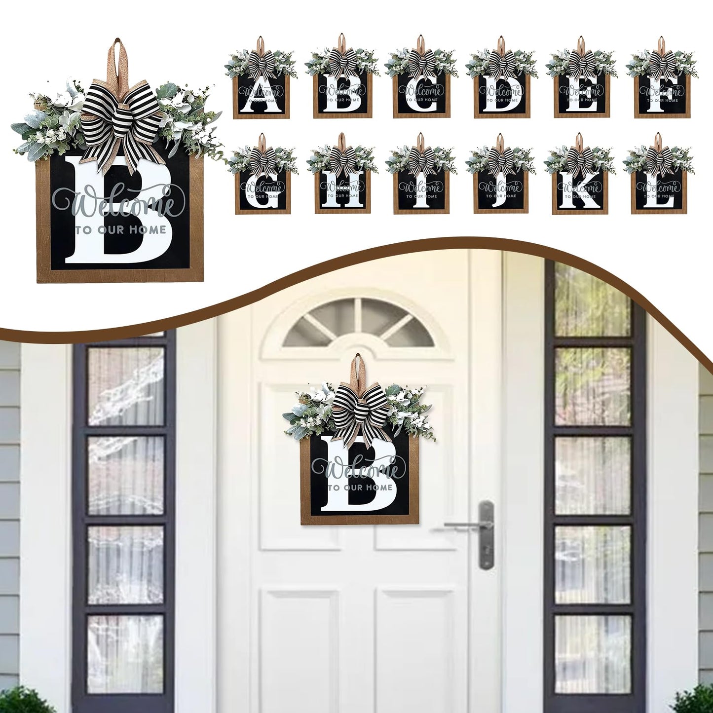 Ultra Large 14'' Last Name All Year Round Front Door Wreath with 26 Initial Letter Welcome Sign All Seasons Eucalyptus Garland and Bow Wreaths for Front Door Porch Farmhouse Decoration (B)
