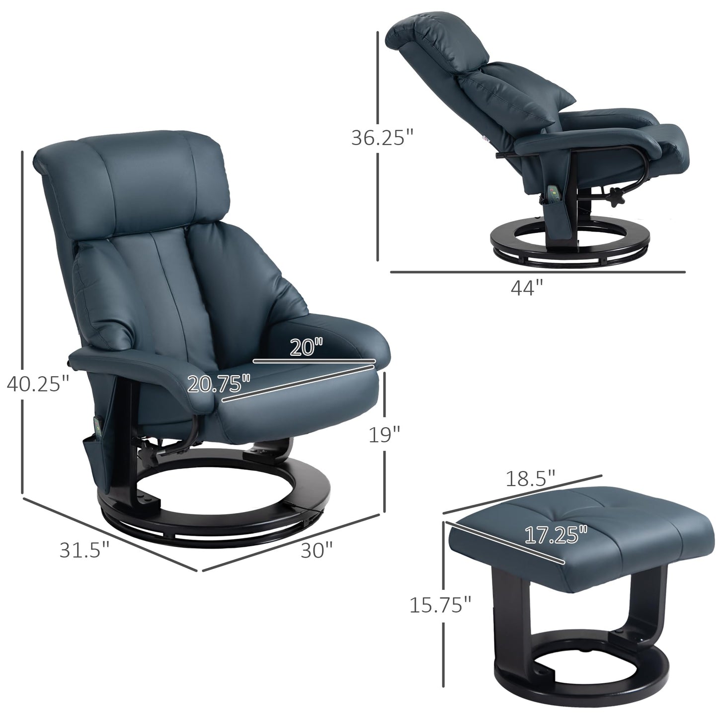 HOMCOM Massage Recliner Chair with Ottoman, 360° Swivel Recliner and Footstool, 10 Point Vibration, PU Leather Reclining Chair with Side Pocket and Remote Control, Blue