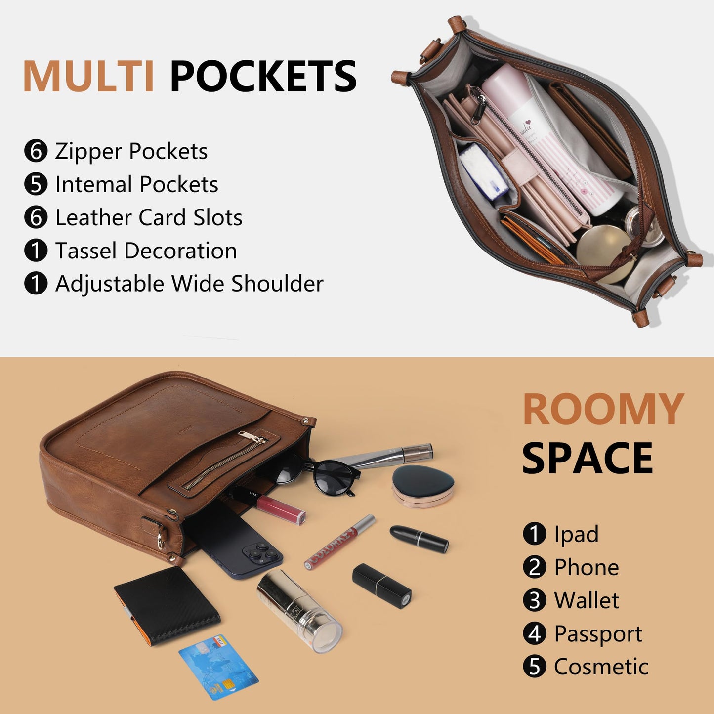 TANTOMI Crossbody Bags for Women Crossbody Purses for Women Hobo Bag Shoulder Bag Handbags with Guitar Strap-7 Pockets