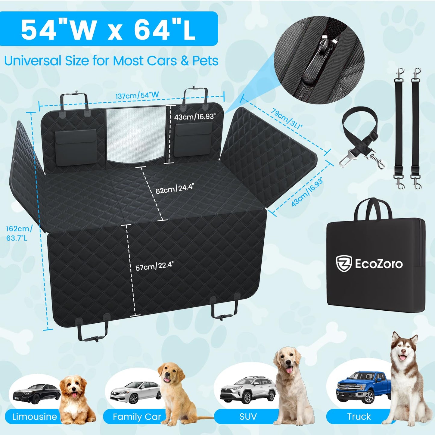 EcoZoro Dog Car Seat Cover for Back Seat, Waterproof Back Seat Extender Hard Bottom Holds 400lbs, Sturdy Dog Hammock for Car Pet Backseat Protector with Mesh Window, Dogs Car Bed for Car, SUV, Truck