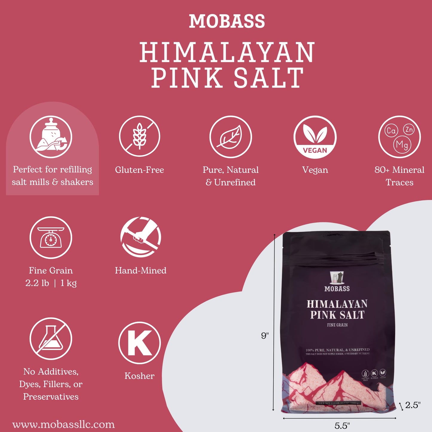 Mobass Himalayan Pink Salt – 2.2 lbs (35.2 oz) Fine Grain Resealable Pouch | 100% Natural & Unrefined | Rich in 84+ Trace Minerals | Ideal for Cooking, Bath Soaks, and Wellness