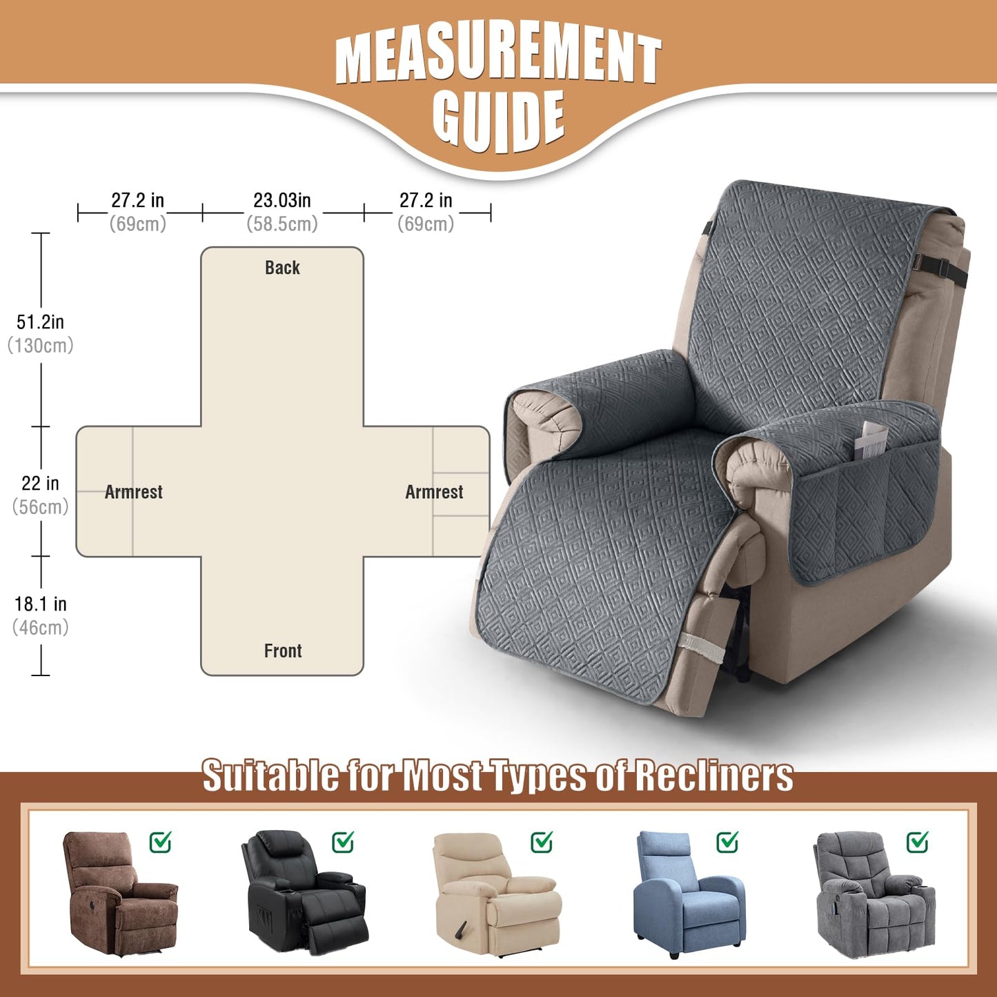 Timeles 100% Waterproof Recliner Chair Covers, Recliner Cover That Stay in Place with Pocket for Pets & Dogs,Furniture Slipcover Protector Washable (Medium: 23",Gray)