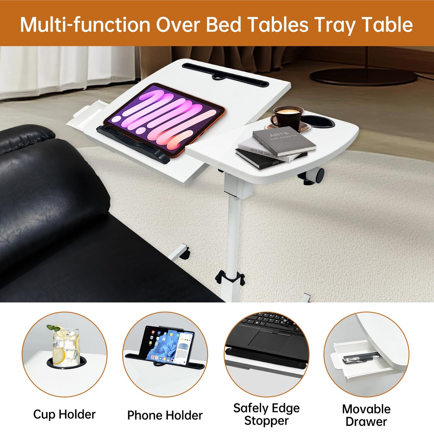 DOKKOME Medical Adjustable Overbed Bedside Table with Wheels, Mobile Standing Desk Laptop Computer Cart with Phone Holder and Drawer for Hospital and Home Use