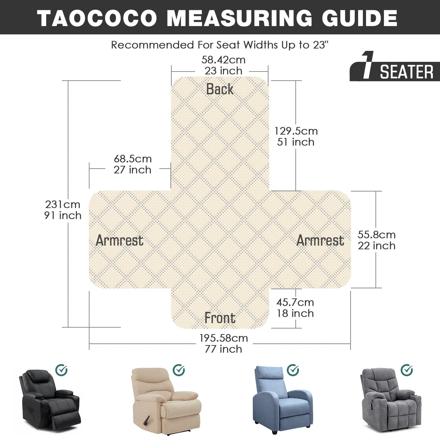 TAOCOCO Non-Slip Recliner Chair Cover Sofa Slipcover, Pet Cover for Small Recliner Chair with Elastic Straps, Washable Reclining Chair Cover Recliner Furniture Protector (23'' Small, Dark Grey)