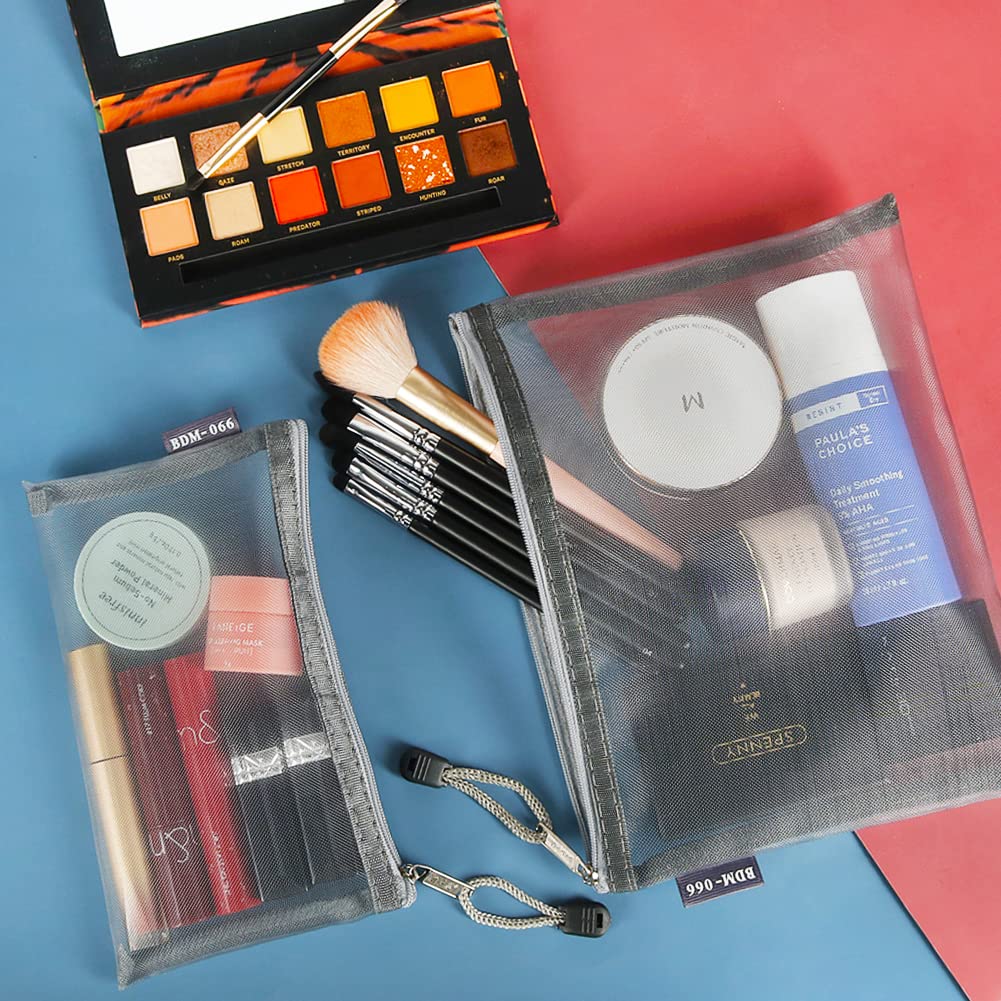 besharppin 6 Pack Mesh Cosmetic Bags, Nylon Makeup Pouches with Zipper for Home Office Purse Diaper Bag (Grey)