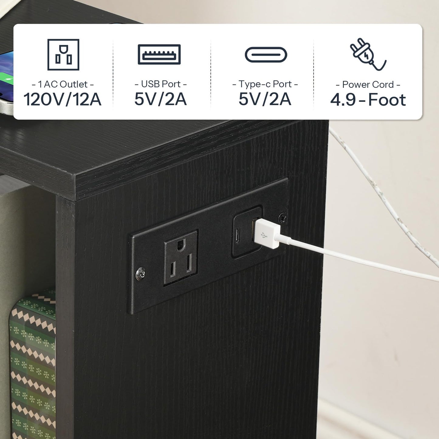 HOOBRO Narrow Side Table with Charging Station, S-Shaped Slim End Table Geometric Bookshelf with Open Storage, for Small Space, Living Room, Bedroom, Rustic Brown FG137UBZ01