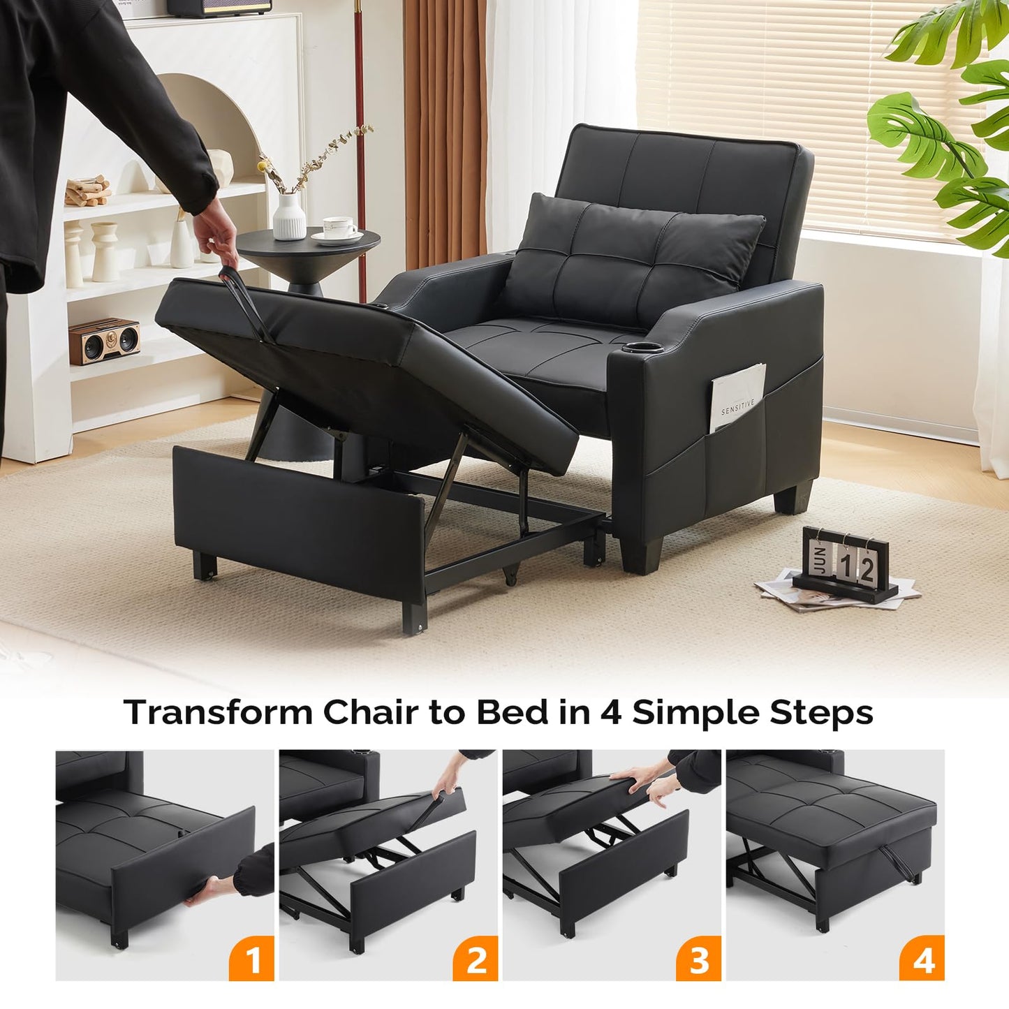 VINGLI Sleeper Chair 3-in-1 Convertible Sofa Bed Adjustable Recliner Sofa Modern Pull Out Couch Bed with 2 USB Ports 2 Cup Holders 2 Side Pockets for Living Room Bedroom Small Spaces, Black
